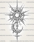 Cybersigilism sun and moon tattoo stencil with sharp celestial sunburst, crescent moon, pointed rays, cyber sigil linework, and vertical ornamental detail