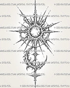 Cybersigilism sun and moon tattoo stencil with sharp celestial sunburst, crescent moon, pointed rays, cyber sigil linework, and vertical ornamental detail