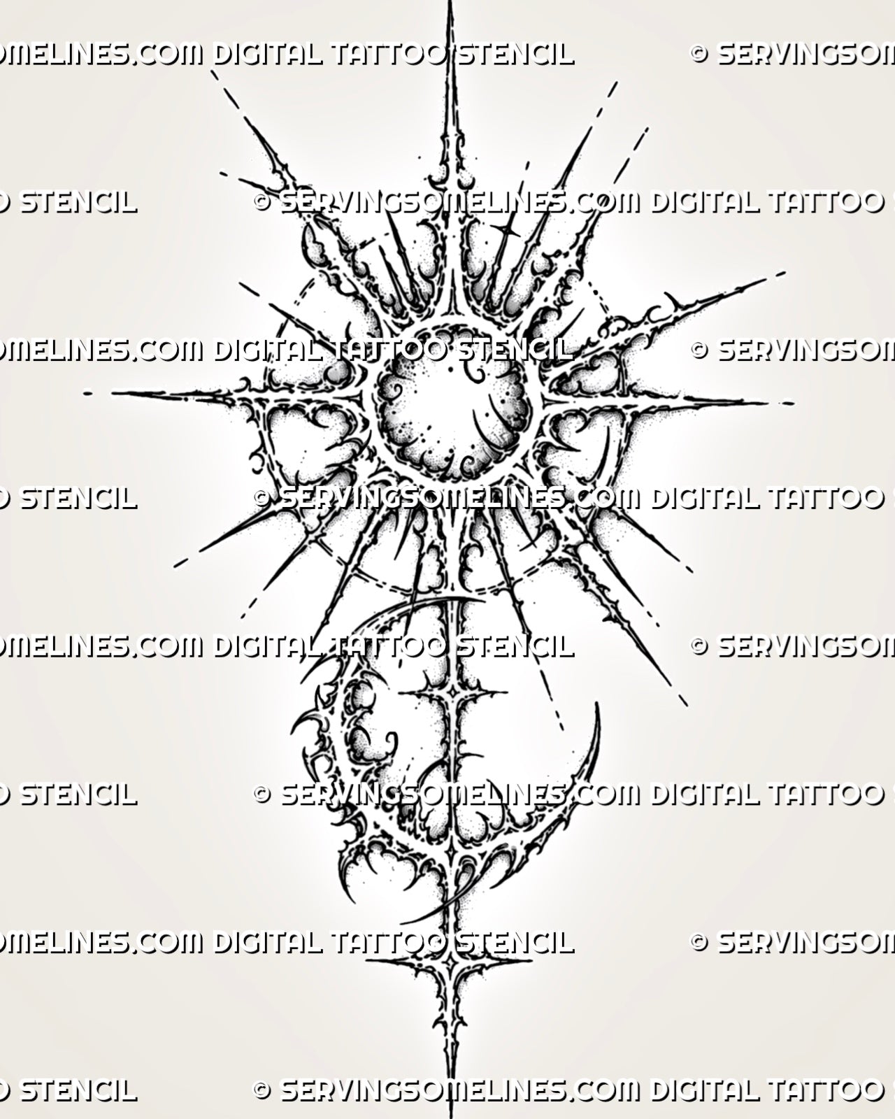 Cybersigilism sun and moon tattoo stencil with sharp celestial sunburst, crescent moon, pointed rays, cyber sigil linework, and vertical ornamental detail