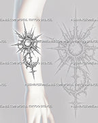 Cybersigilism sun and moon tattoo stencil shown on forearm with vertical sunburst, crescent moon, pointed rays, and sharp ornamental cyber linework