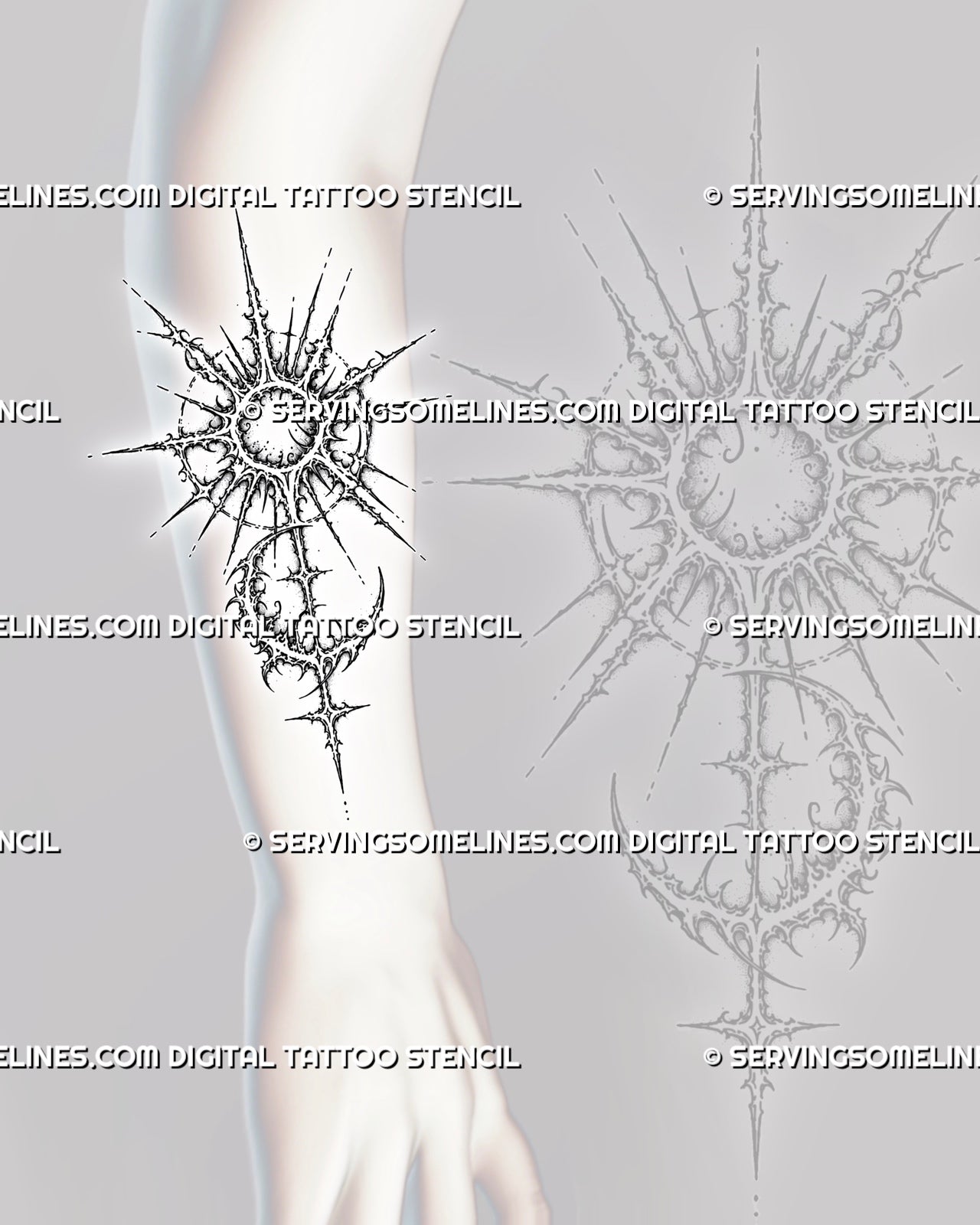 Cybersigilism sun and moon tattoo stencil shown on forearm with vertical sunburst, crescent moon, pointed rays, and sharp ornamental cyber linework