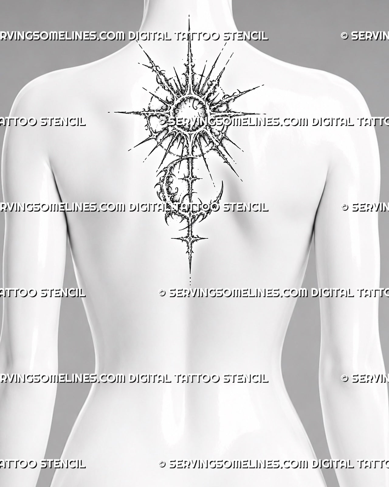 Cybersigilism sun and moon tattoo stencil shown on upper back center with vertical celestial shape, sharp sunburst, crescent moon, and cyber sigil detail