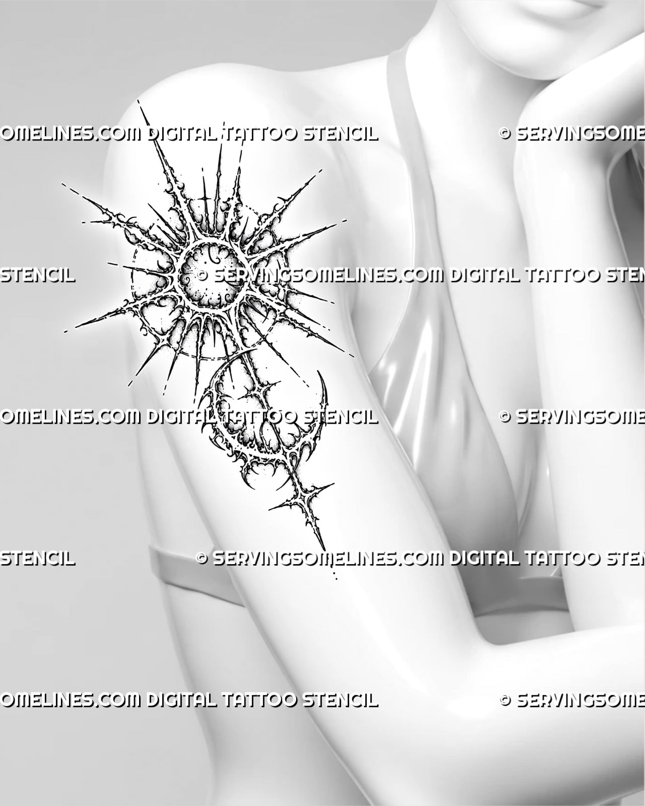 Cybersigilism sun and moon tattoo stencil shown on women’s arm with sharp sunburst, crescent moon, cyber sigil rays, and ornamental celestial linework