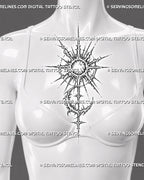 Cybersigilism sun and moon tattoo stencil shown on women’s sternum chest with centered celestial sunburst, crescent moon, pointed rays, and ornamental cyber sigil shape