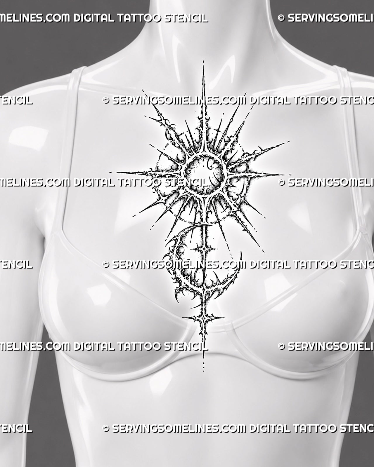 Cybersigilism sun and moon tattoo stencil shown on women’s sternum chest with centered celestial sunburst, crescent moon, pointed rays, and ornamental cyber sigil shape