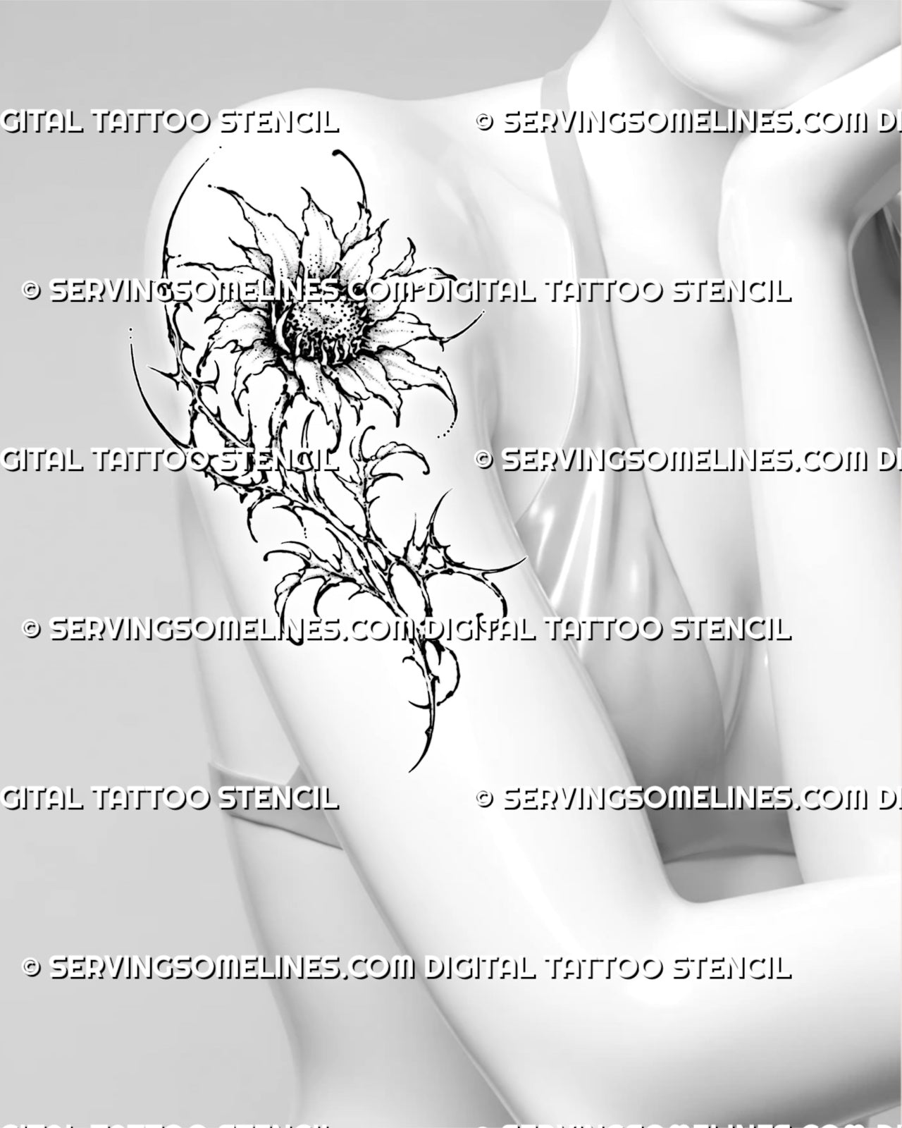 Cybersigilism sunflower tattoo shown on a woman’s upper arm with pointed petals, thorn-like stem details, abstract leaves, and dark botanical linework
