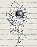 Cybersigilism sunflower tattoo stencil with a textured seed center, pointed petals, thorned cyber floral shapes, hooked leaves, and dark stippled details