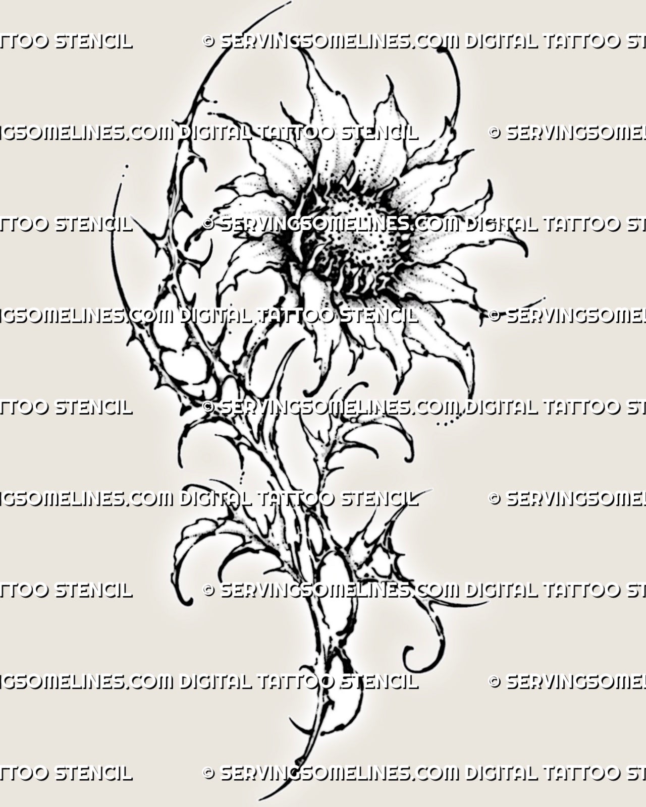 Cybersigilism sunflower tattoo stencil with a textured seed center, pointed petals, thorned cyber floral shapes, hooked leaves, and dark stippled details