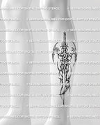 Cybersigilism sword tattoo shown on calf placement with long vertical blade, curved side details, and dark stencil contrast