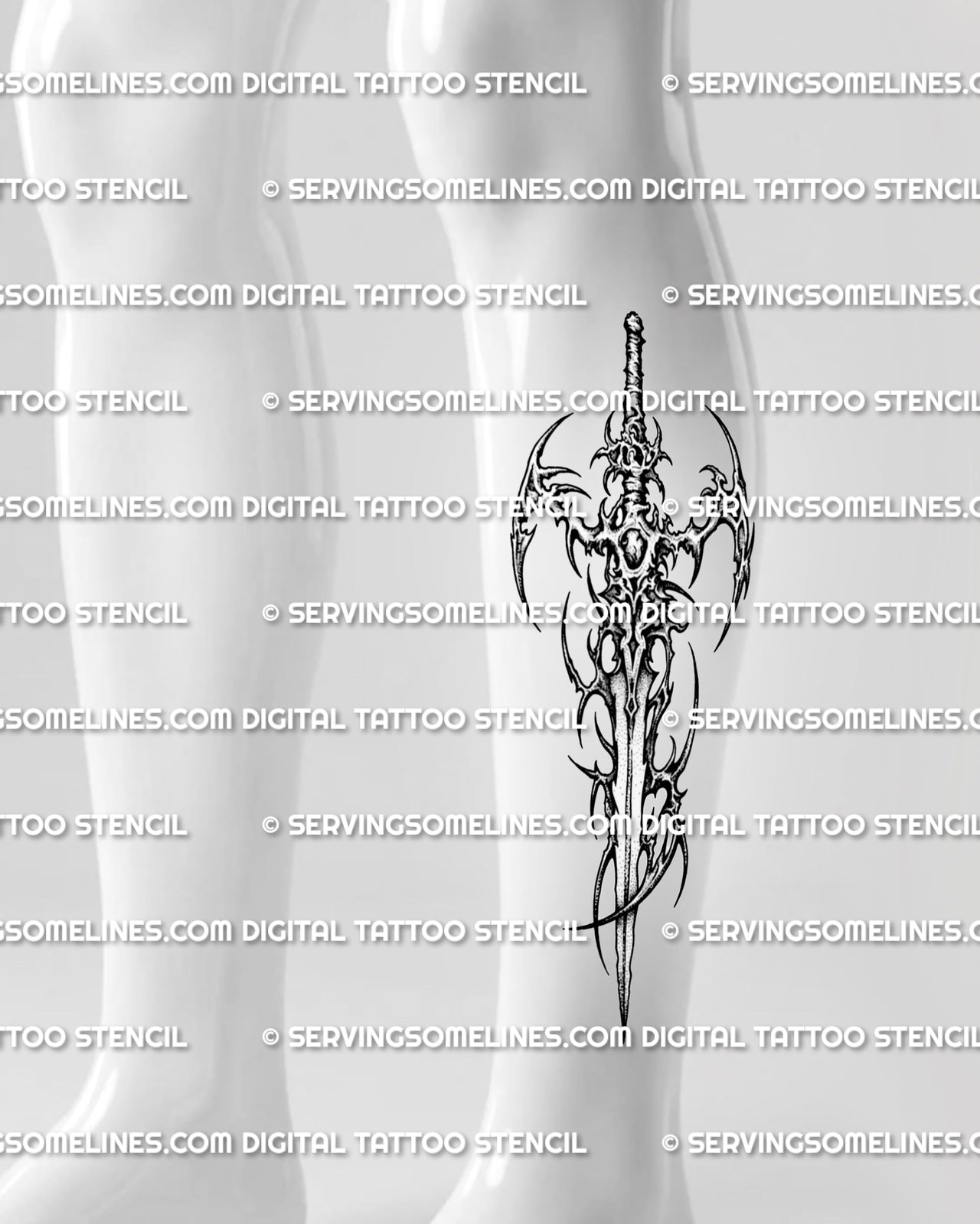 Cybersigilism sword tattoo shown on calf placement with long vertical blade, curved side details, and dark stencil contrast