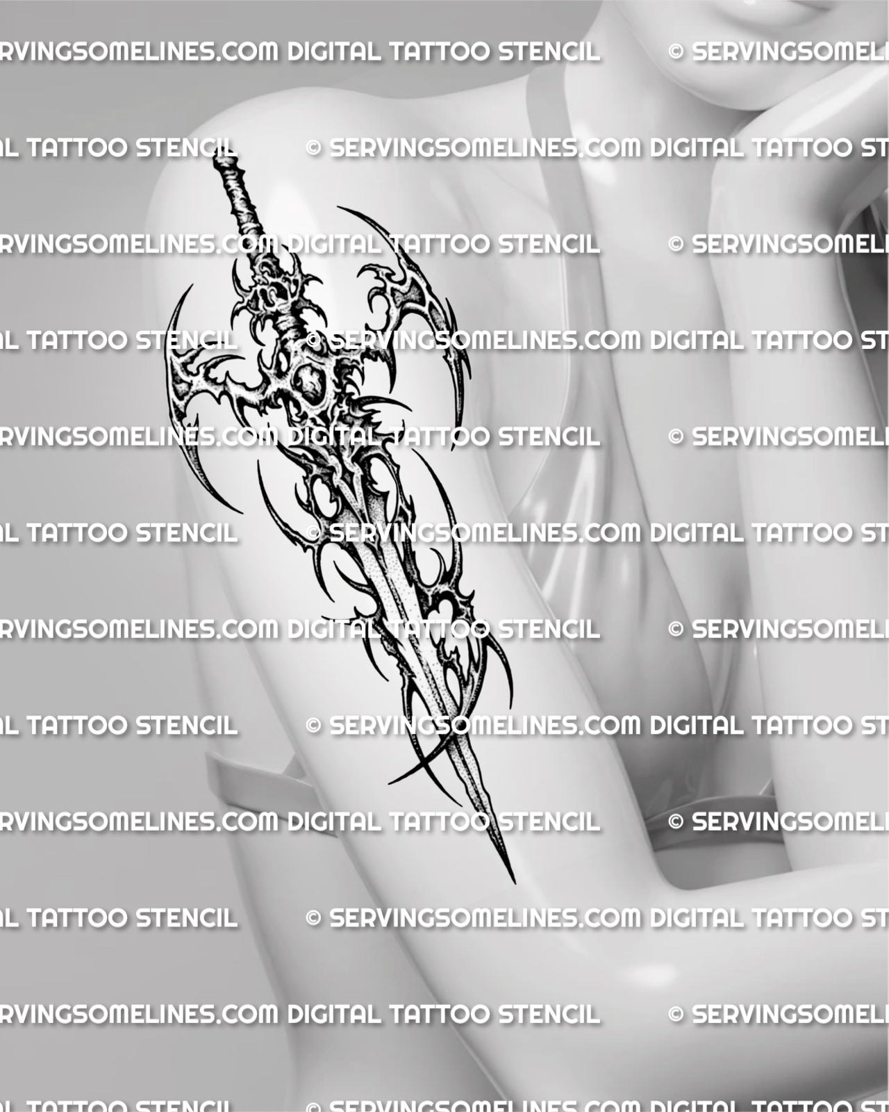 Cybersigilism sword tattoo shown on women’s arm placement with sharp ornamental curves and readable blade detail