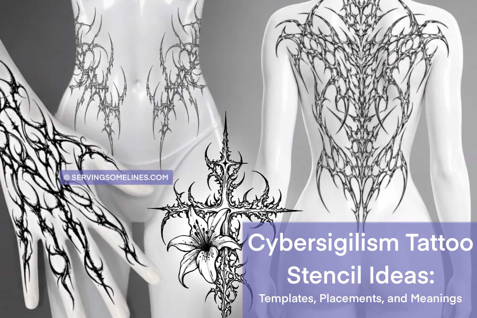 Cybersigilism tattoo stencil ideas for hand, backpiece, waist, chest, floral cross, and printable tattoo template previews