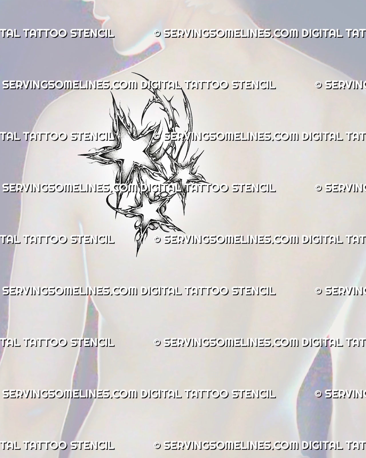 Cybersigilism three star tattoo shown on men’s shoulder blade placement, with compact cluster shape and modern cyber linework