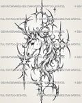 Cybersigilism unicorn head tattoo stencil with side-profile face, long spiral horn, flowing layered mane, and asymmetric cyber sigil framing