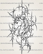 Cybersigilism unicorn head tattoo stencil with side-profile face, long spiral horn, flowing layered mane, and asymmetric cyber sigil framing
