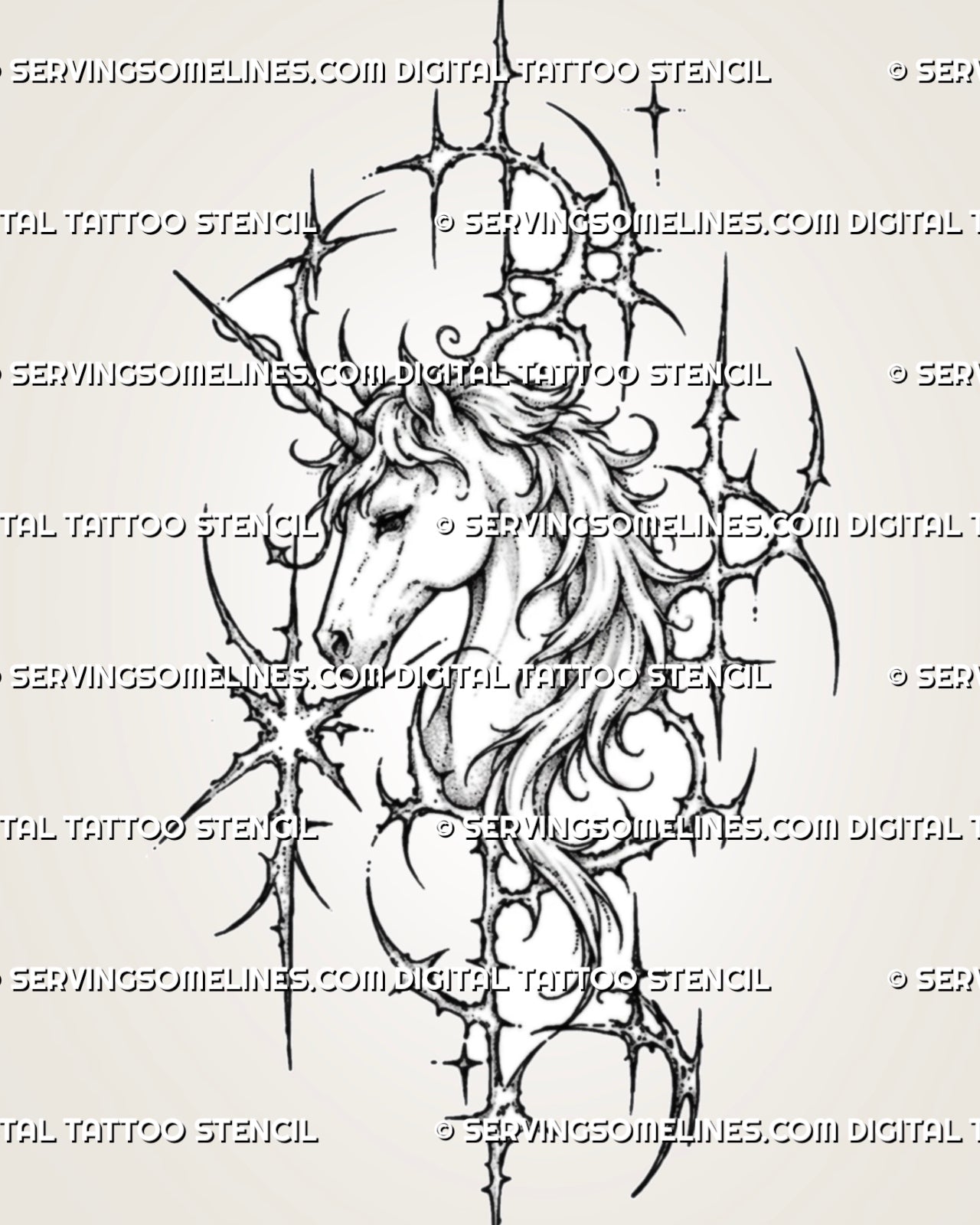 Cybersigilism unicorn head tattoo stencil with side-profile face, long spiral horn, flowing layered mane, and asymmetric cyber sigil framing