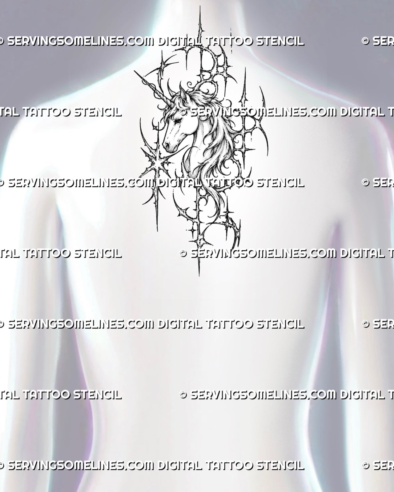 Cybersigilism unicorn head tattoo stencil shown on upper back with side-profile face, spiral horn, flowing mane, sharp cyber spikes, crescents, and starbursts