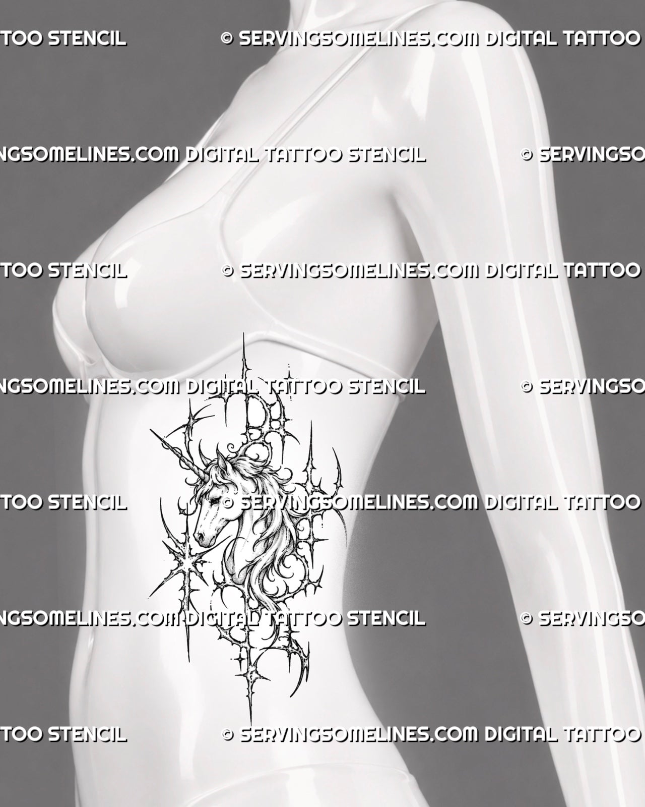 Cybersigilism unicorn head tattoo shown on women’s ribs with side-profile face, flowing mane, spiral horn, curved crescents, spikes, and dark fantasy detail