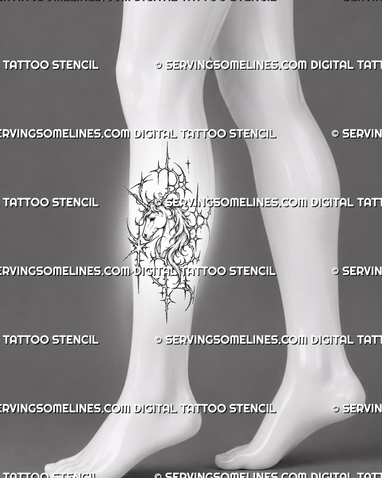 Cybersigilism unicorn portrait tattoo shown on calf with an extended horn, detailed face, layered mane, vertical cyber frame, and open negative space