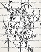 Close view of cybersigilism unicorn portrait showing the spiral horn, defined eye, shaped muzzle, layered mane, starbursts, and thorn-like cyber details