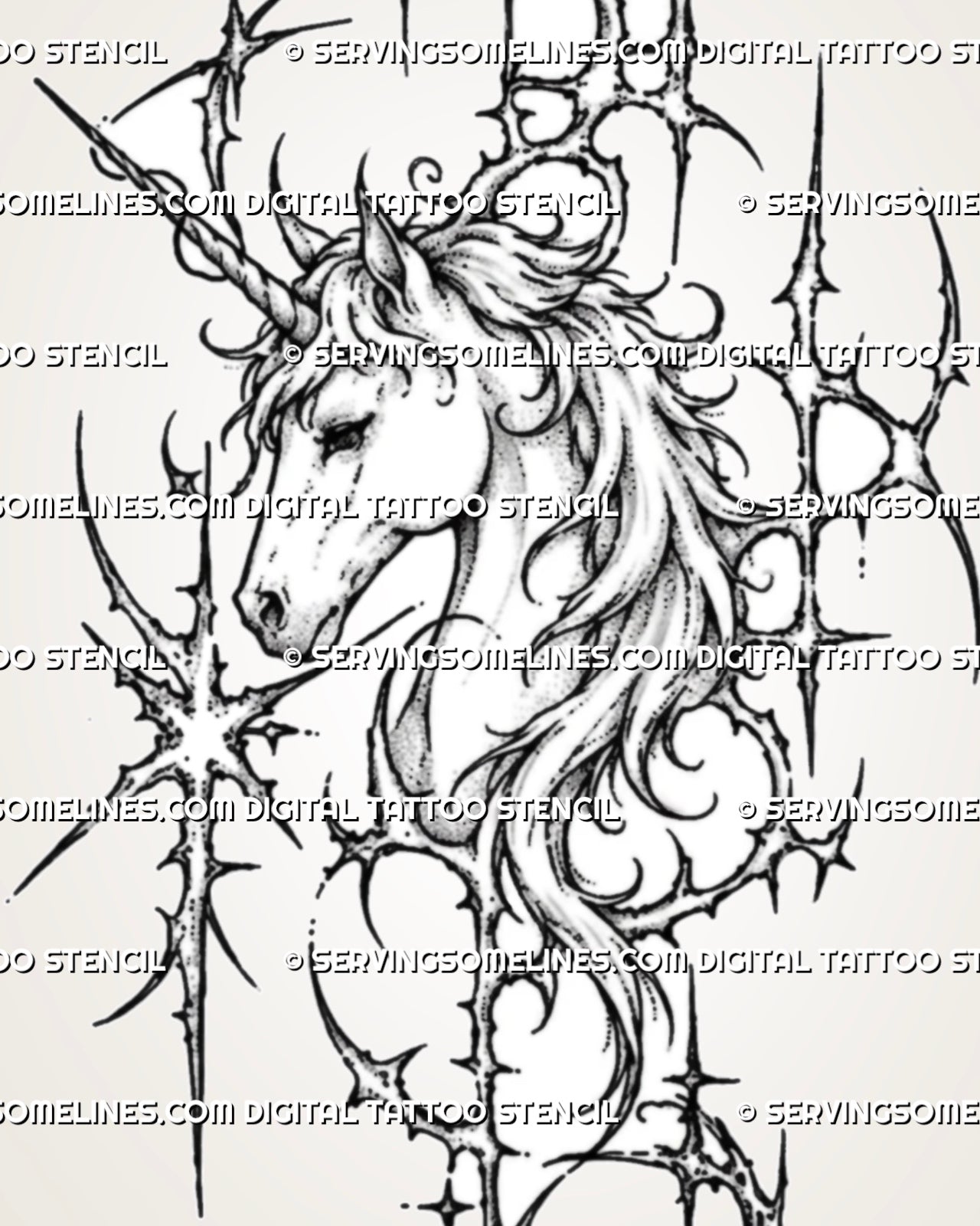 Close view of cybersigilism unicorn portrait showing the spiral horn, defined eye, shaped muzzle, layered mane, starbursts, and thorn-like cyber details