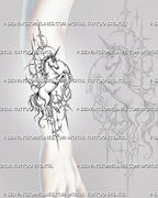 Cybersigilism unicorn tattoo stencil shown on forearm with tall rearing silhouette, lifted legs, sweeping mane and tail, and sharp cyber sigil details