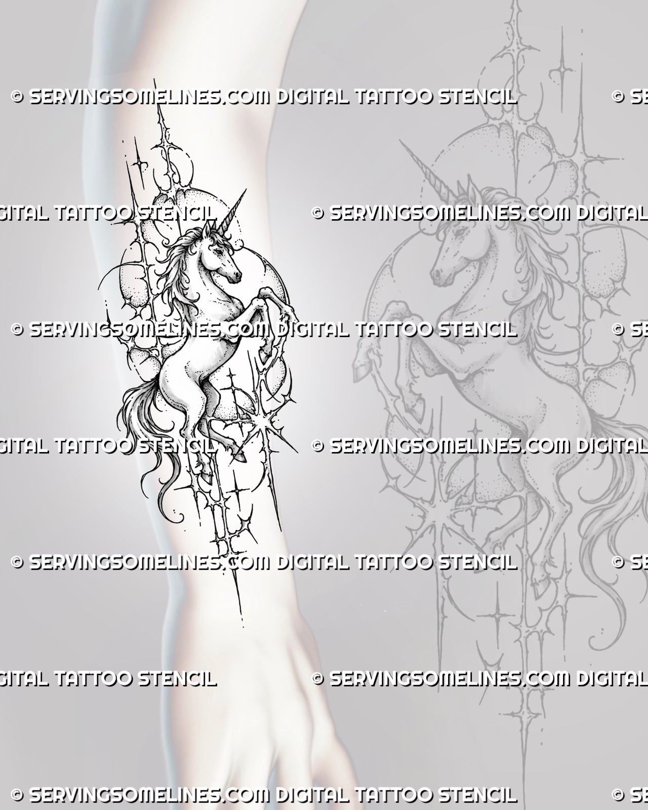 Cybersigilism unicorn tattoo stencil shown on forearm with tall rearing silhouette, lifted legs, sweeping mane and tail, and sharp cyber sigil details