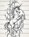 Cybersigilism unicorn tattoo stencil with full-body rearing unicorn, spiral horn, flowing mane and tail, lifted legs, and sharp celestial cyber framing