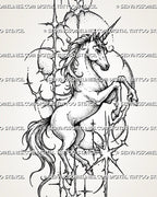 Cybersigilism unicorn tattoo stencil with full-body rearing unicorn, spiral horn, flowing mane and tail, lifted legs, and sharp celestial cyber framing