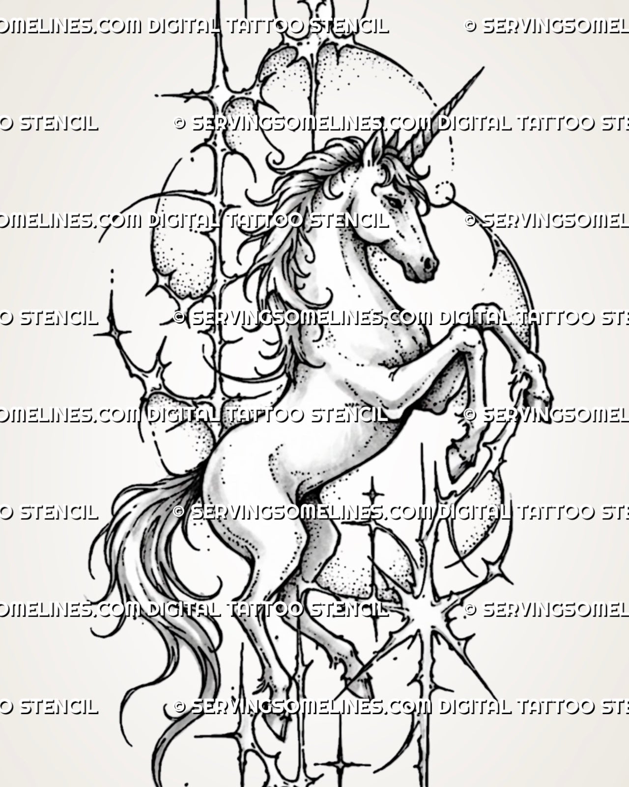 Cybersigilism unicorn tattoo stencil with full-body rearing unicorn, spiral horn, flowing mane and tail, lifted legs, and sharp celestial cyber framing