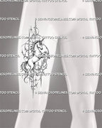 Cybersigilism unicorn tattoo stencil shown on men’s thigh with full-body rearing pose, long spiral horn, visible hooves, sweeping tail, and cyber fantasy detail