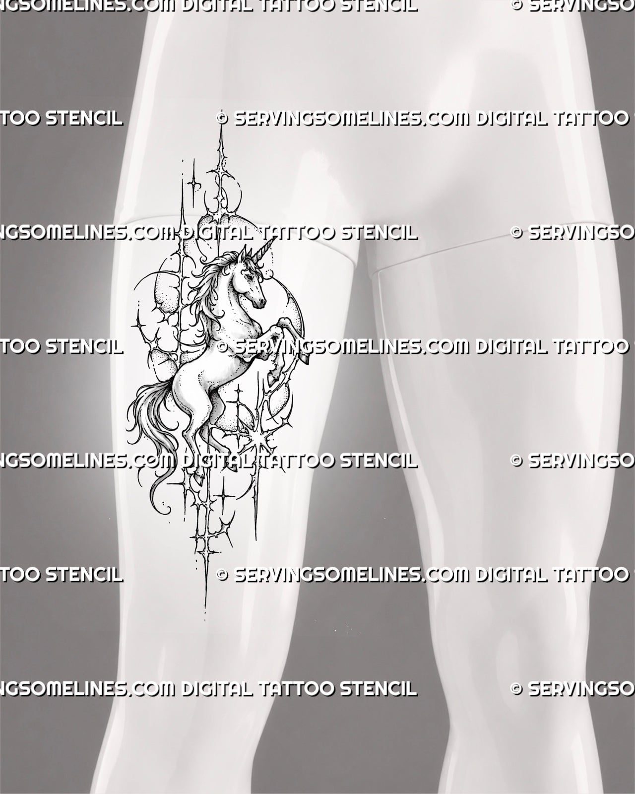 Cybersigilism unicorn tattoo stencil shown on men’s thigh with full-body rearing pose, long spiral horn, visible hooves, sweeping tail, and cyber fantasy detail