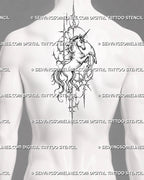 Cybersigilism unicorn tattoo shown along the upper back and spine with full-body rearing composition, spiral horn, extended limbs, flowing tail, and vertical cyber framing