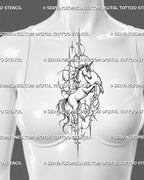 Cybersigilism unicorn tattoo shown at the center of a woman’s chest and sternum with a tall full-body pose, celestial circles, and sharp cyber ornament