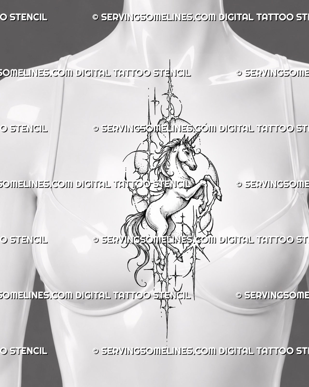 Cybersigilism unicorn tattoo shown at the center of a woman’s chest and sternum with a tall full-body pose, celestial circles, and sharp cyber ornament