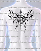 Cybersigilism wings tattoo shown on the upper back, with mirrored black branches, four-point stars and a segmented center aligned along the spine.