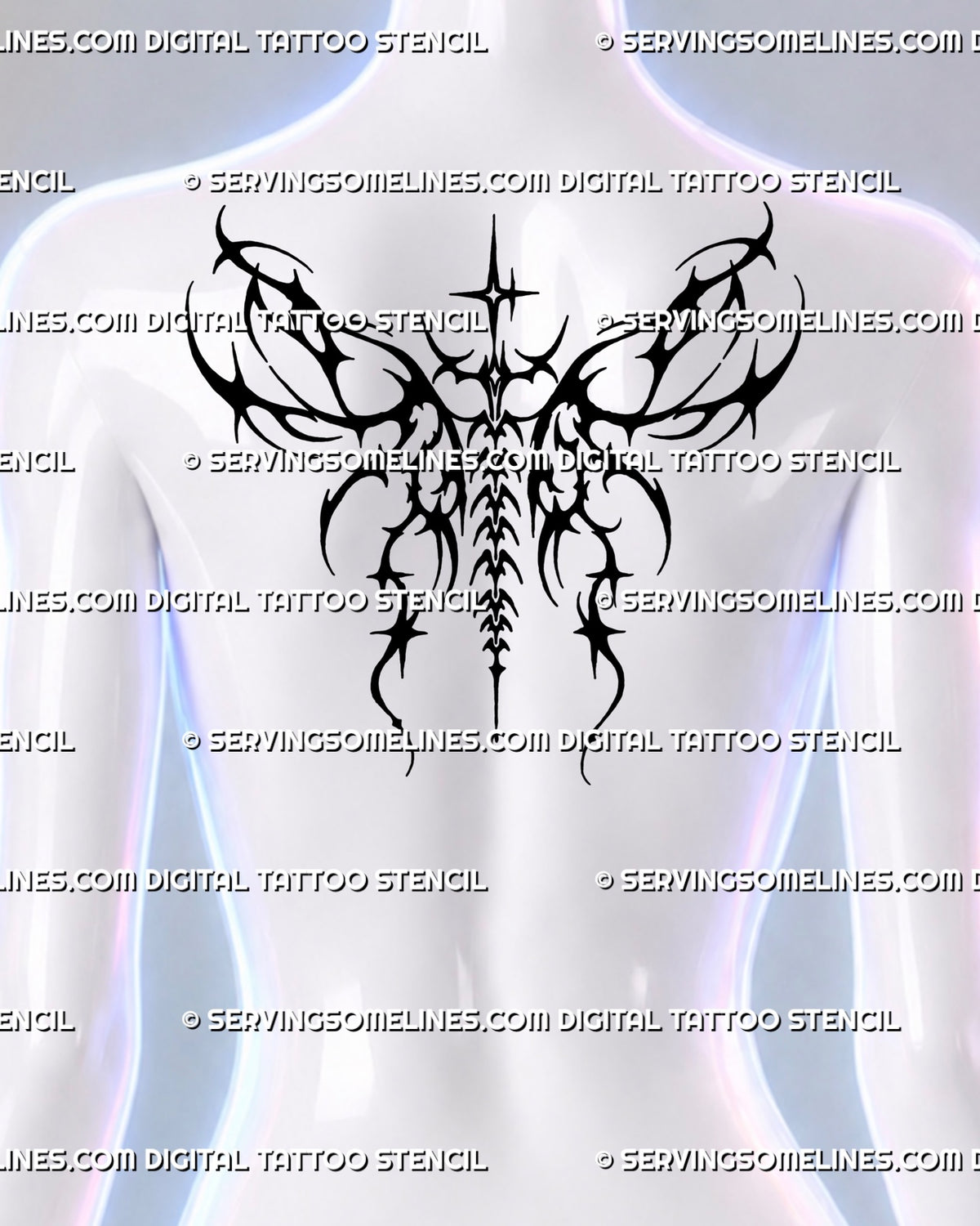 Cybersigilism wings tattoo shown on the upper back, with mirrored black branches, four-point stars and a segmented center aligned along the spine.