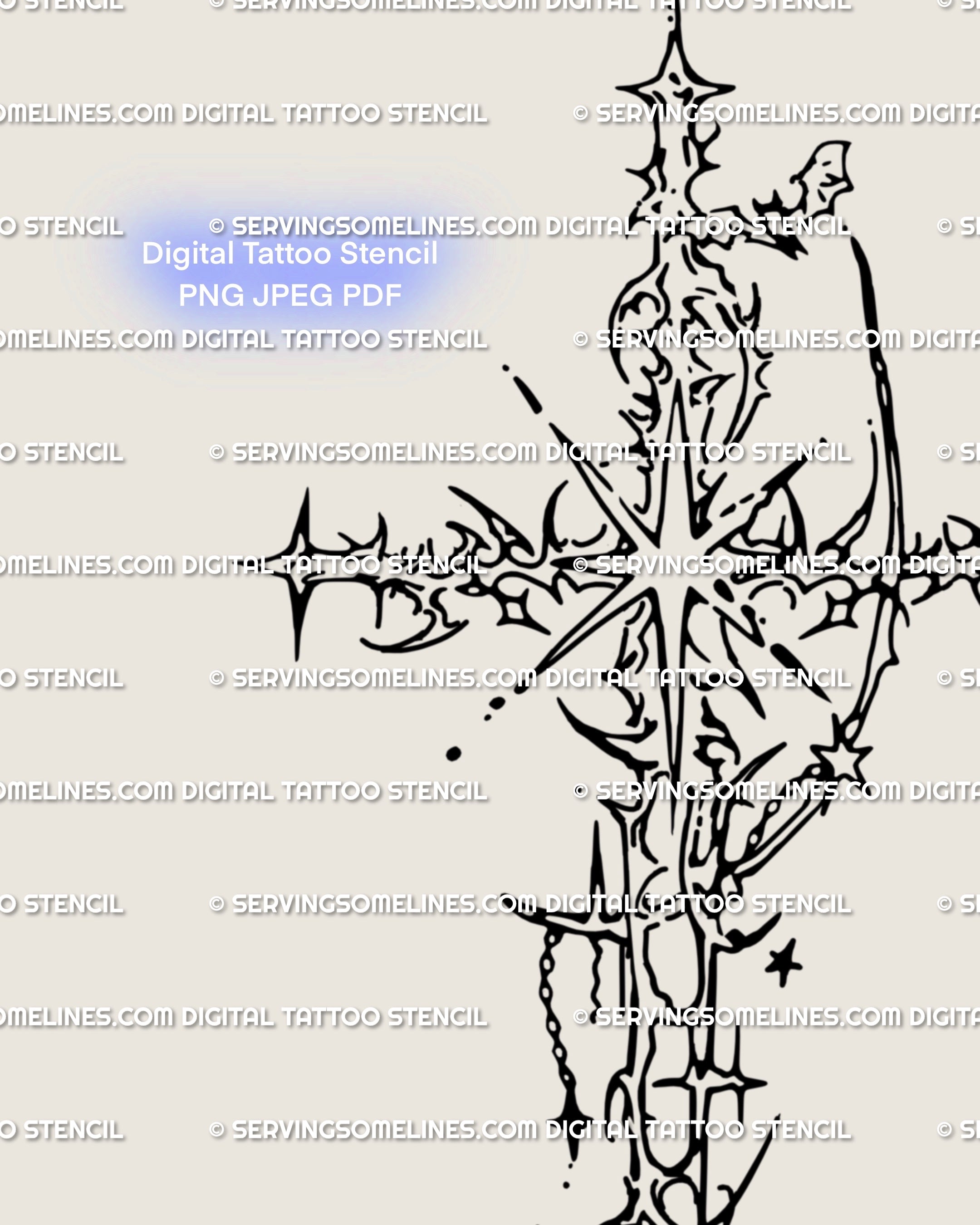 Close-up of cybersigilism cross tattoo stencil, showing fine line symmetry, spiky cybercore edges and symbolic Y2K gothic ornaments.