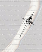 Cybersigilism dagger tattoo design sized for the forearm, slim vertical blade with balanced negative space, readable daily wear, gothic yet minimal, ready as a stencil download.