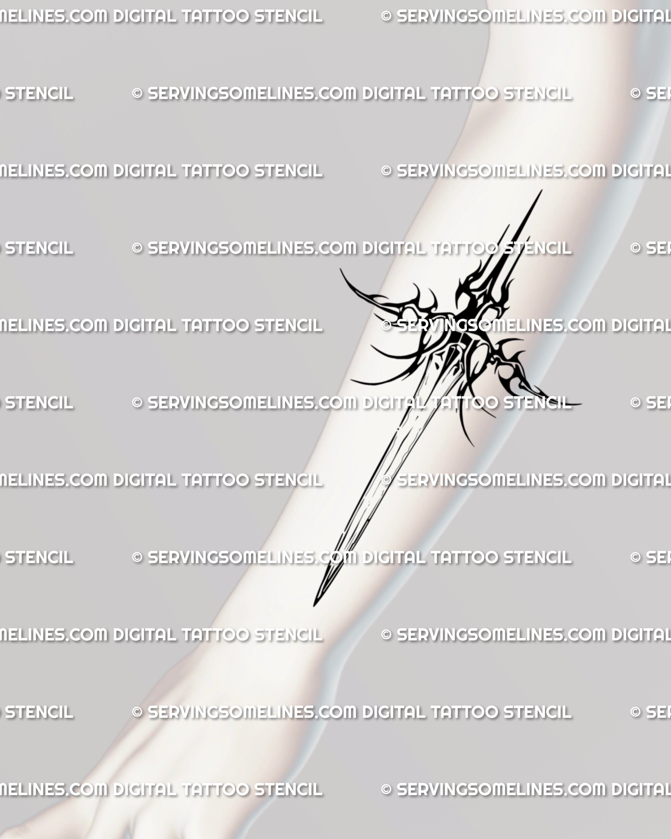 Cybersigilism dagger tattoo design sized for the forearm, slim vertical blade with balanced negative space, readable daily wear, gothic yet minimal, ready as a stencil download.