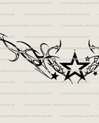Cybersigilism star tattoo stencil with sharp neotribal lines and Y2K aesthetic, digital lower back and chest tattoo design idea. 