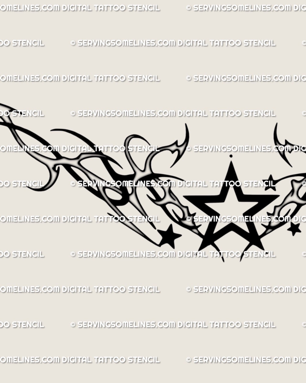 Cybersigilism star tattoo stencil with sharp neotribal lines and Y2K aesthetic, digital lower back and chest tattoo design idea. 