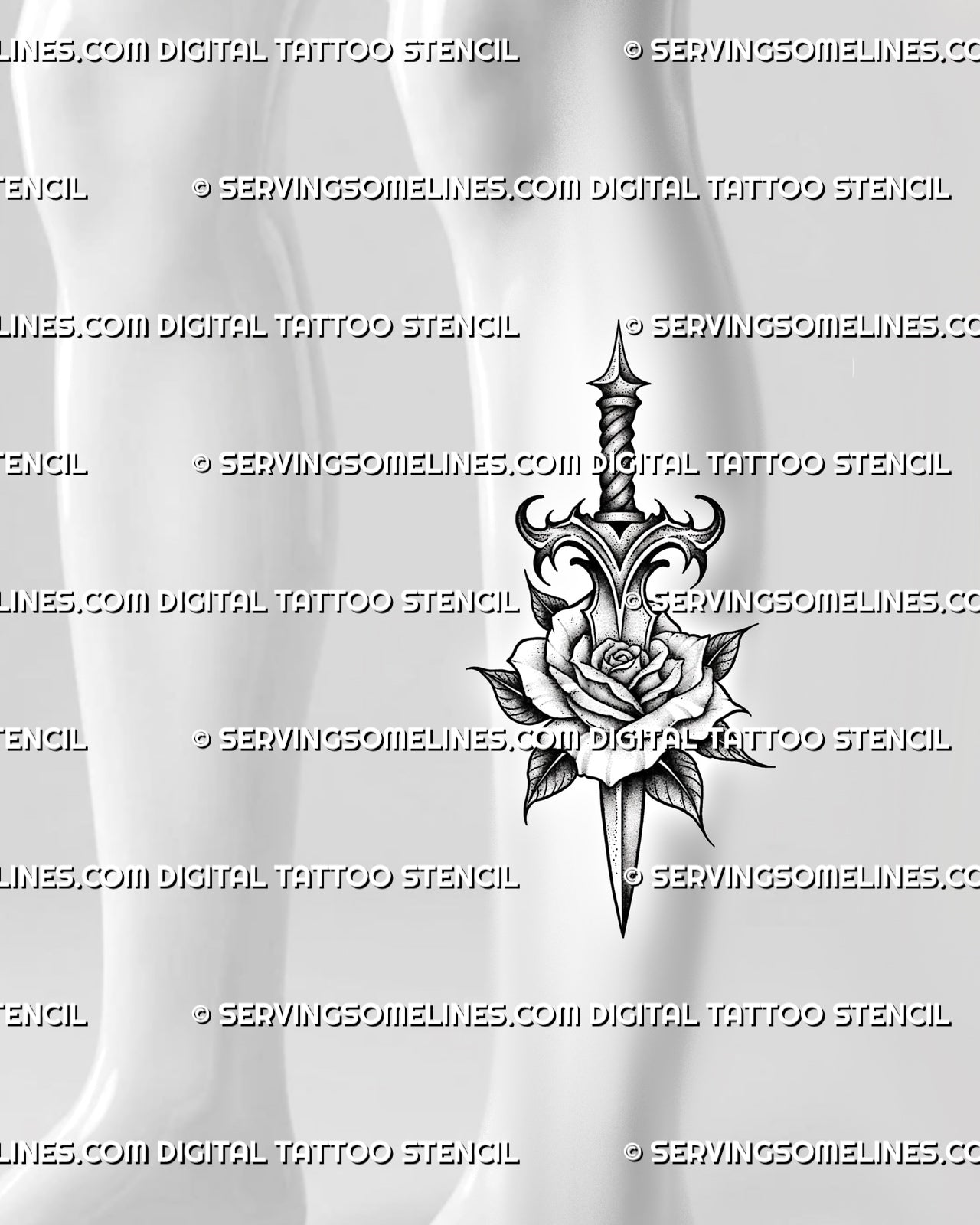 Dagger through rose tattoo stencil shown on calf placement, with sharp vertical blade, rose center, and readable stencil detail