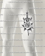 Dagger through rose tattoo stencil shown on men’s thigh placement, with vertical blade, layered rose petals, and black shading