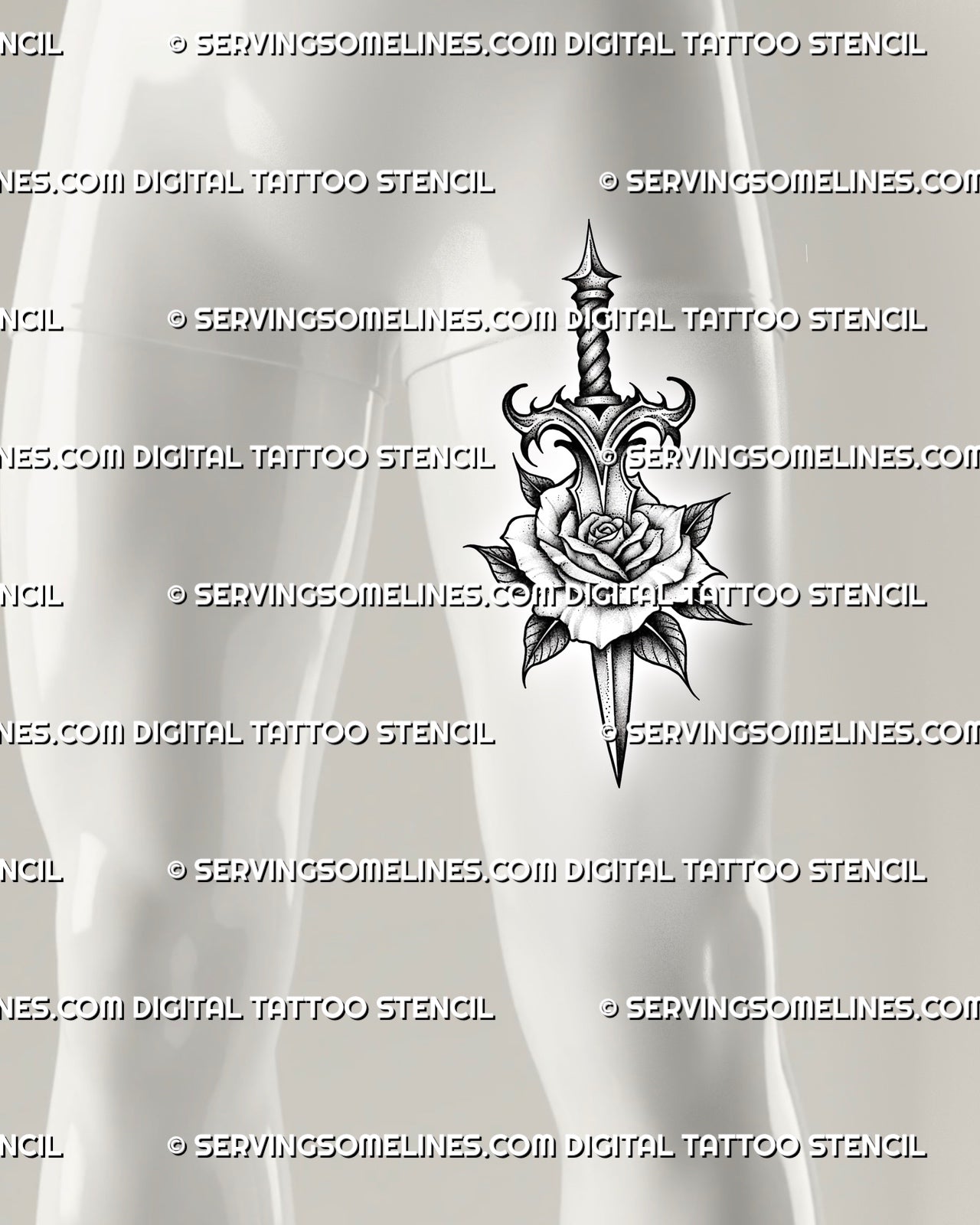 Dagger through rose tattoo stencil shown on men’s thigh placement, with vertical blade, layered rose petals, and black shading