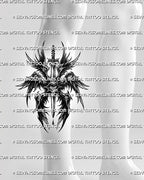 Dark angel blackwork tattoo shown on calf placement, with vertical sword, central eye, and gothic seraphim wing detail.