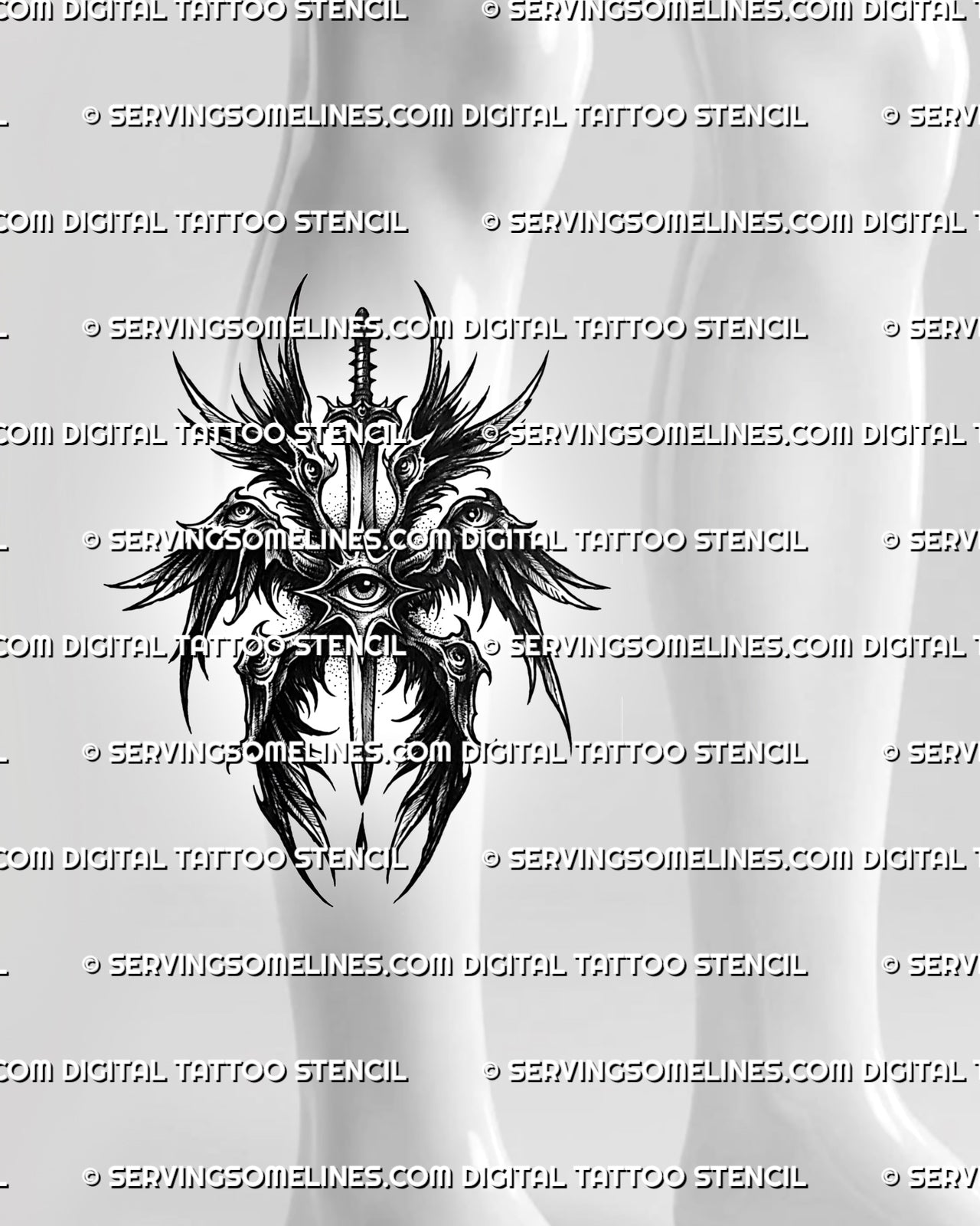 Dark angel blackwork tattoo shown on calf placement, with vertical sword, central eye, and gothic seraphim wing detail.