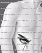 Dark angel eye tattoo stencil shown on men’s ribs, with heavy shading, long tears, sharp eyelid detail, and star highlights.