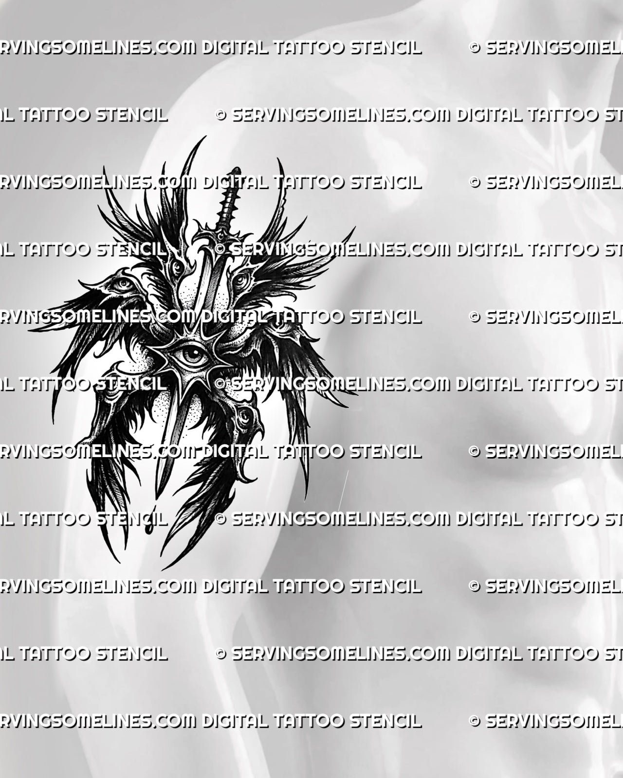 Dark angel tattoo stencil shown on mens arm placement, with seraphim wings, central eye, and vertical sword detail.
