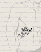 Dark cherub tattoo stencil shown on men’s rib placement with barbed halo, black rose, and small gothic angel linework